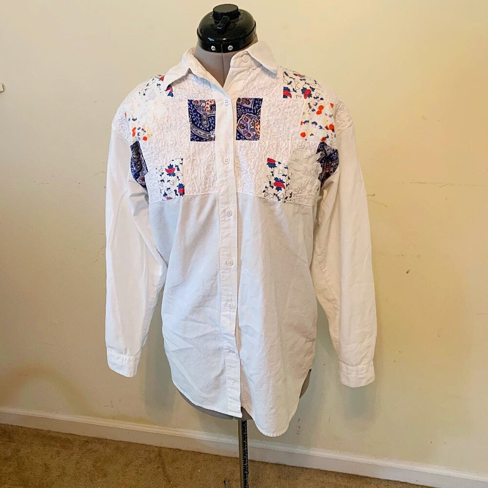 Vintage 90s Bonjour White Quilted Patchwork Blouse Size Medium